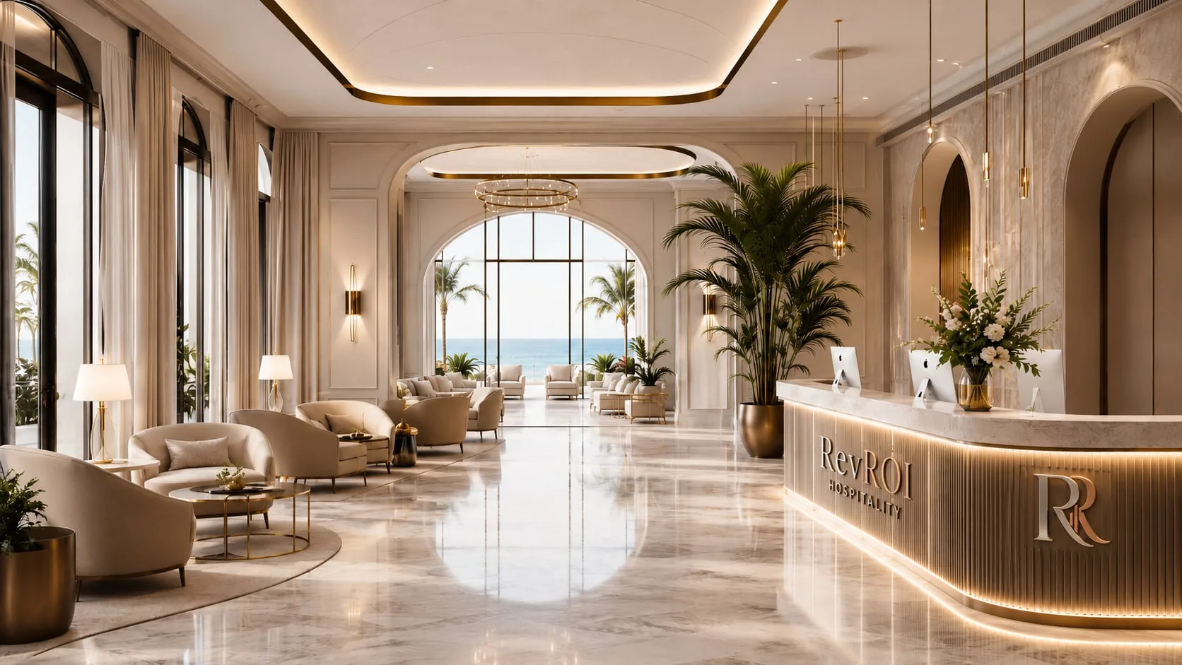 A bright premium hotel lobby — the commercial asset a revenue strategy is built around