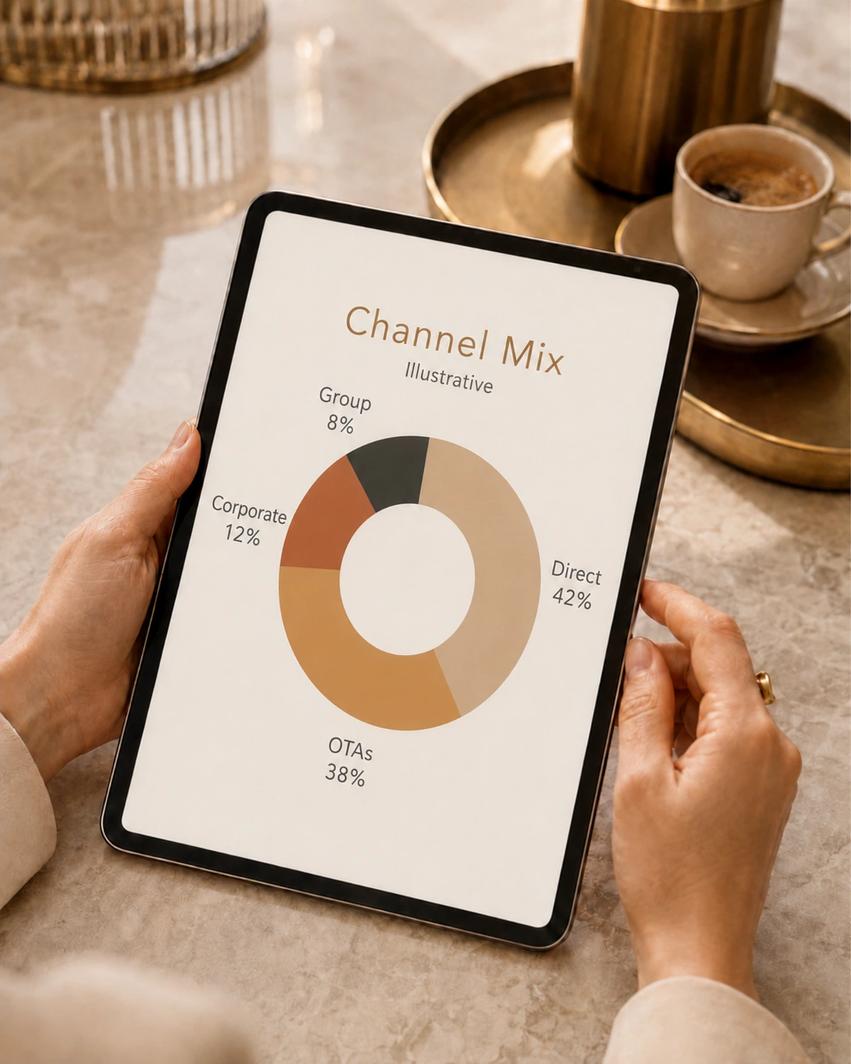 An illustrative channel-mix review on a tablet — direct, OTA, corporate and group share in GBP