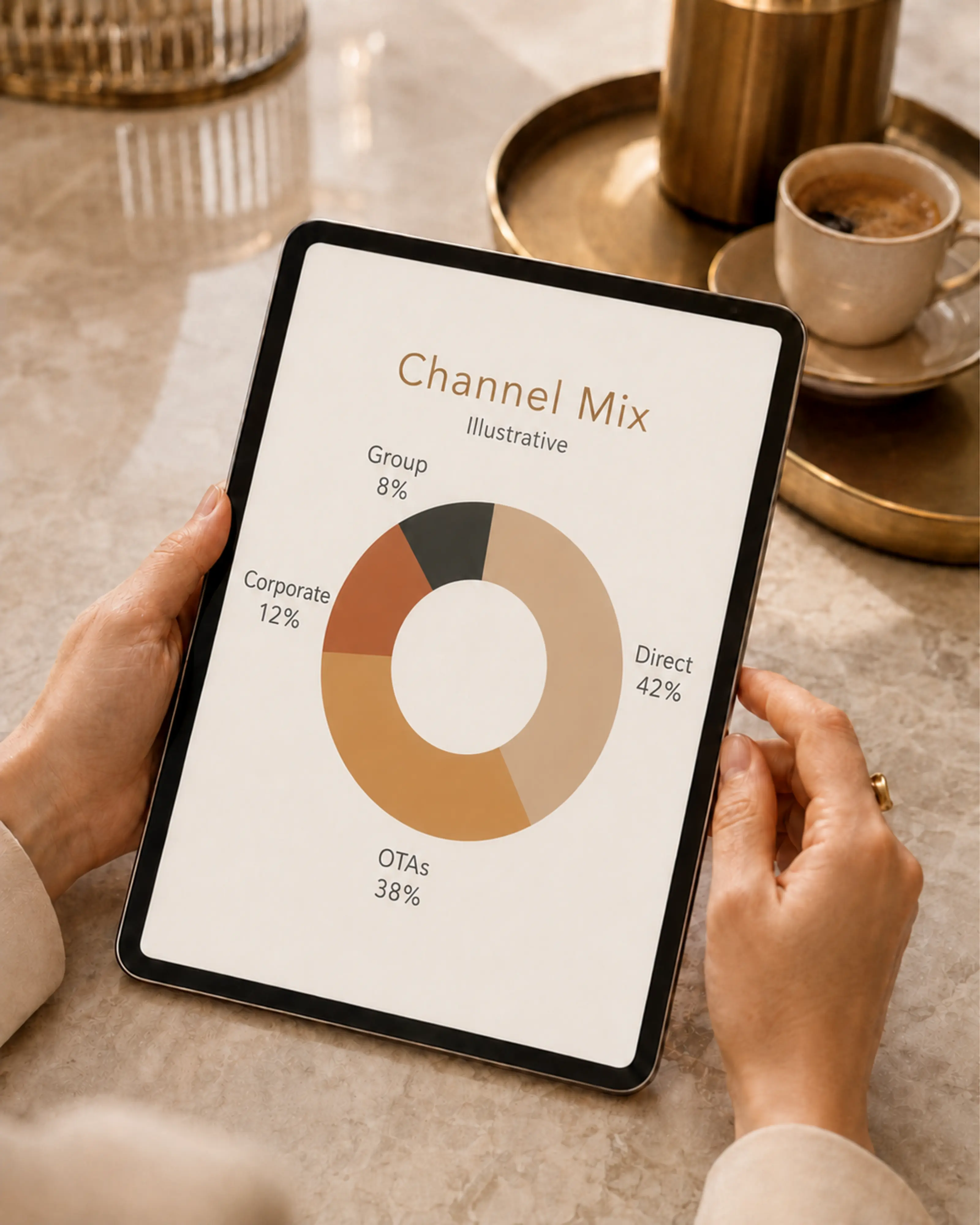 An illustrative hotel channel-mix report showing direct, OTA, corporate and group share