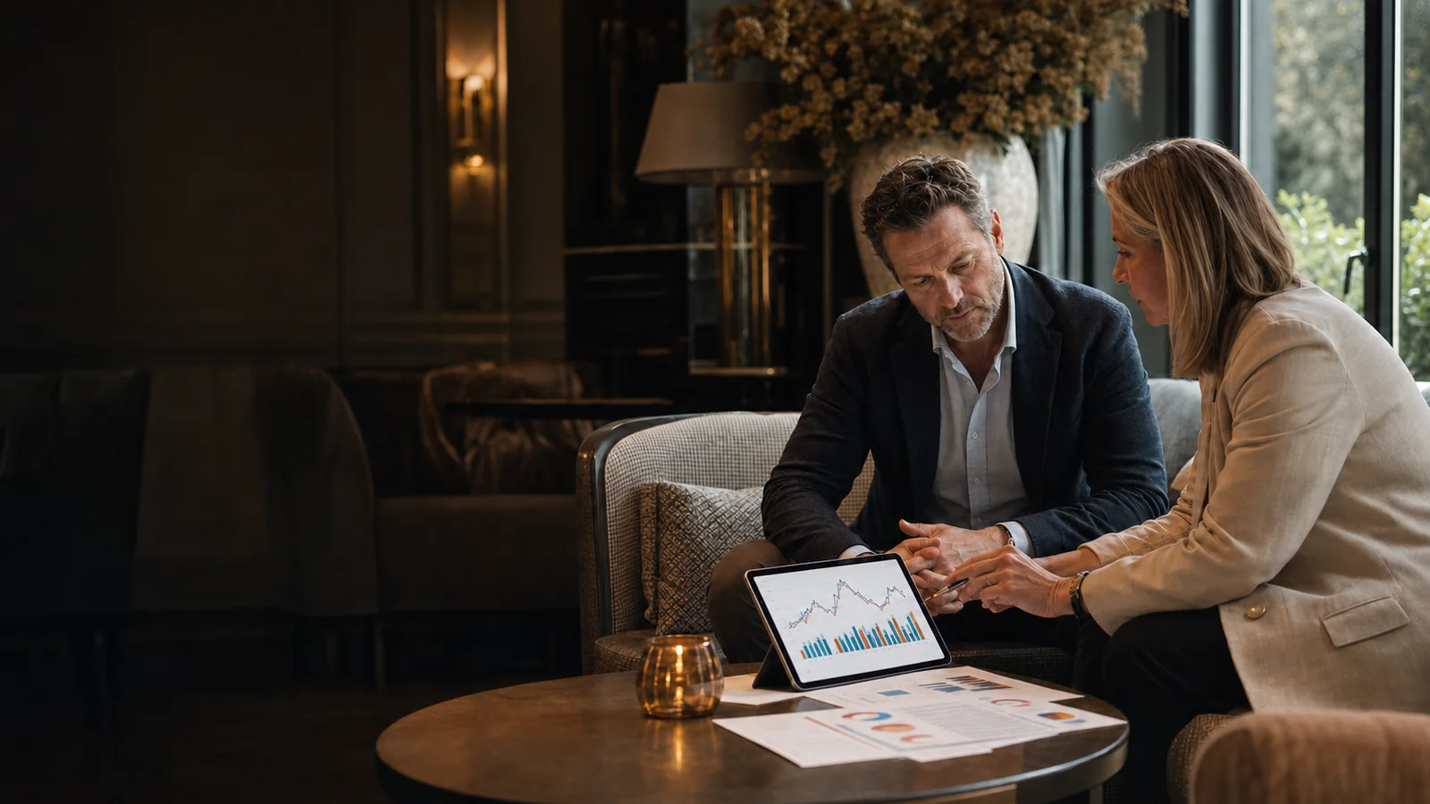 Hotel owner and RevROI adviser reviewing commercial performance together