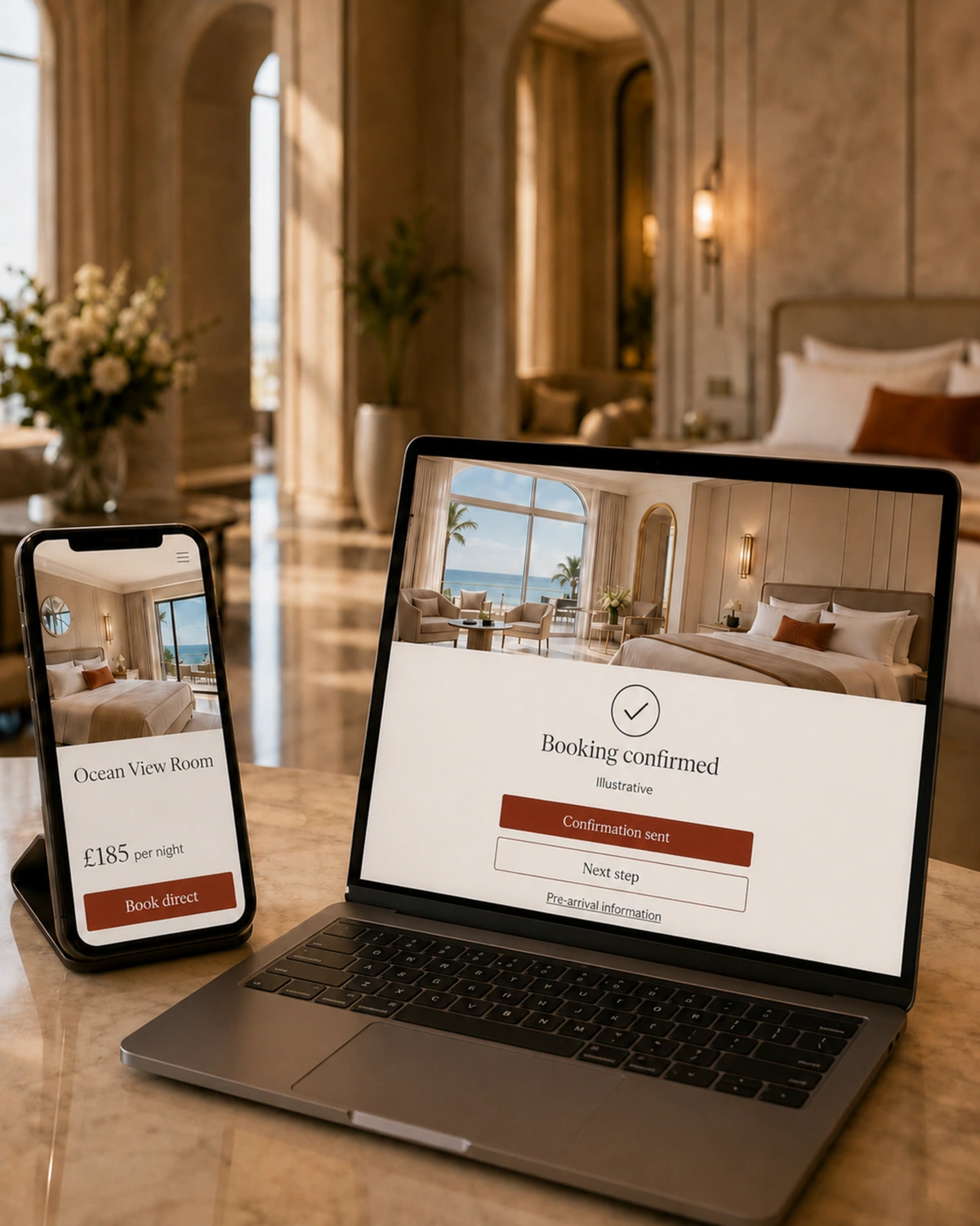 A hotel’s own direct-booking journey across phone and laptop — illustrative GBP rate and confirmed booking