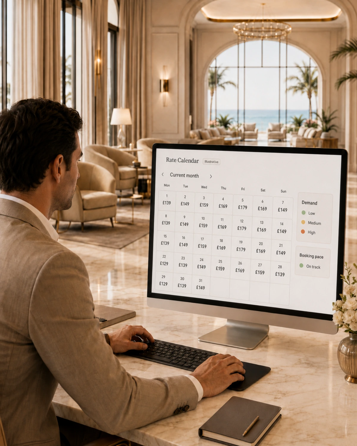 An illustrative GBP rate calendar with demand indicators, reviewed in a bright seafront hotel lounge