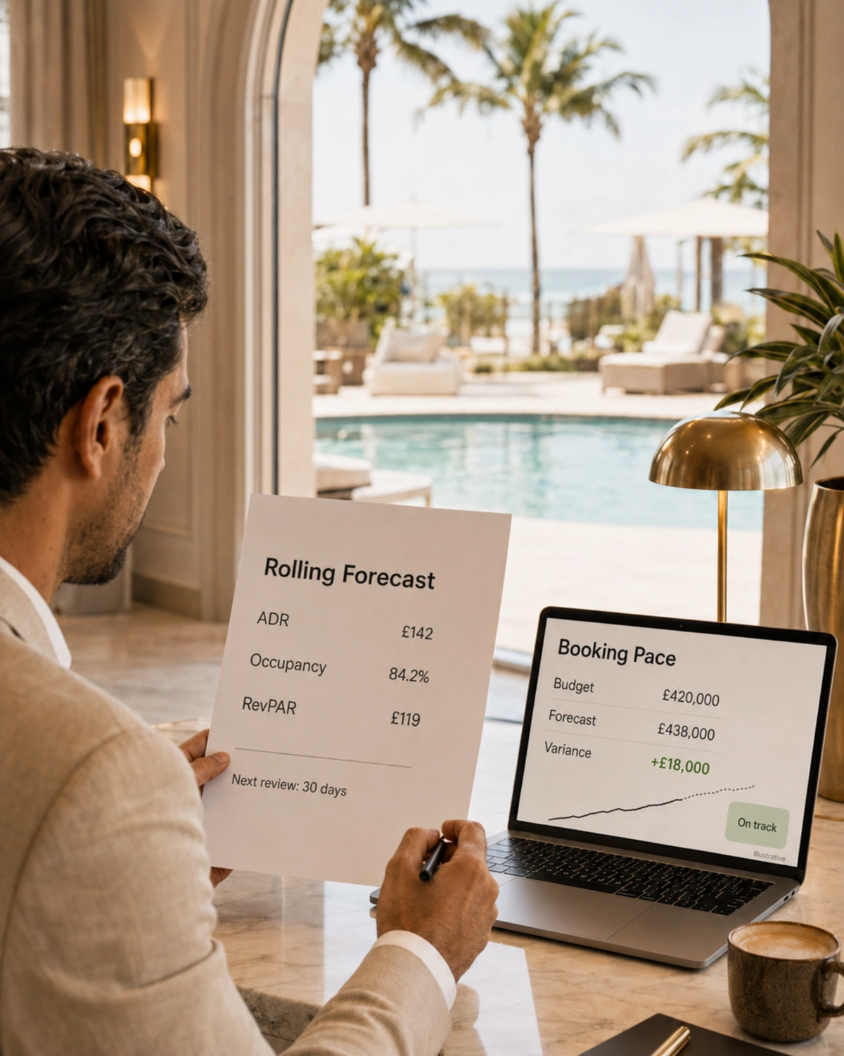 An illustrative rolling forecast and booking-pace review beside the hotel pool, figures in GBP