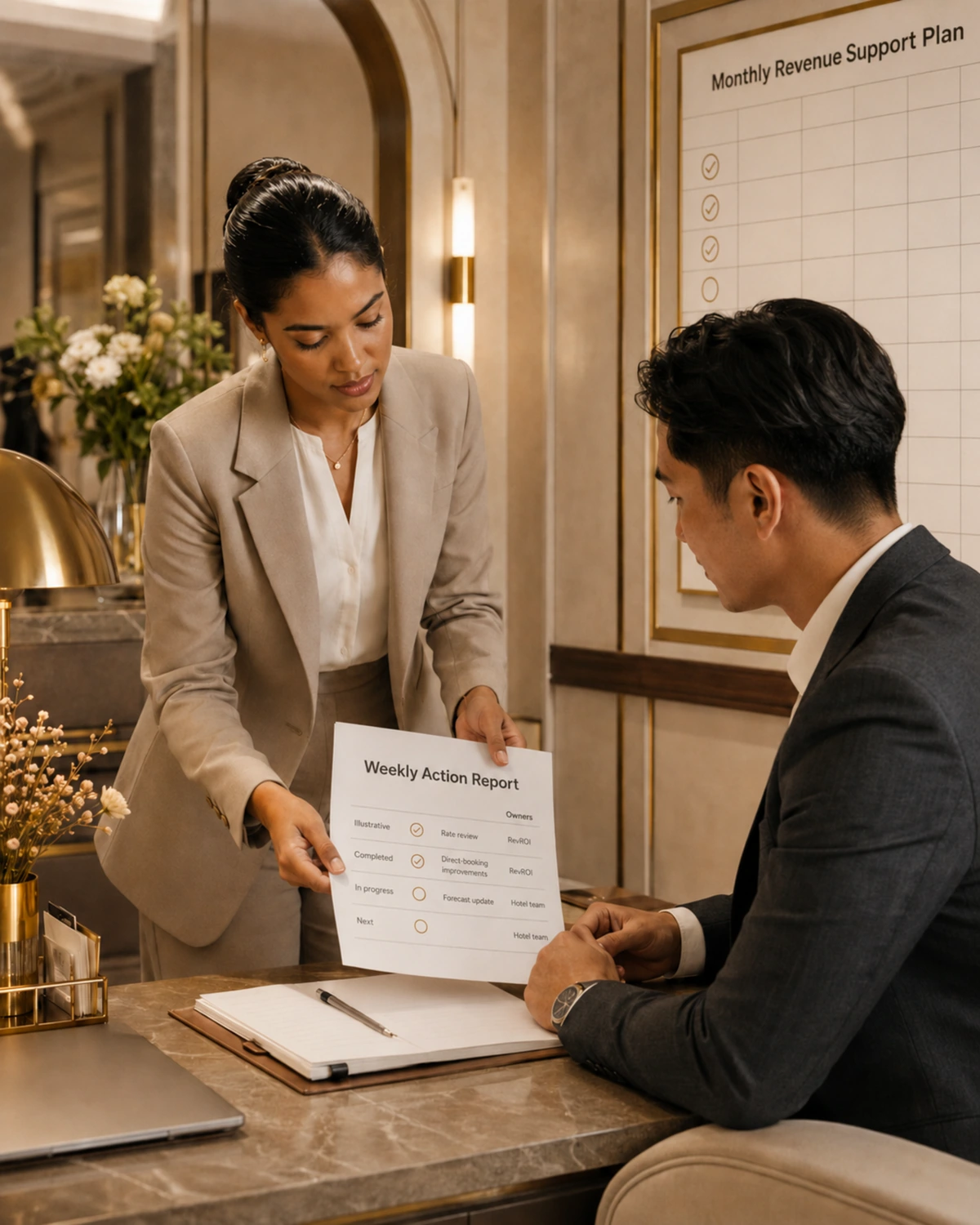 Two colleagues walking through an illustrative weekly action report in a warm hotel meeting corner