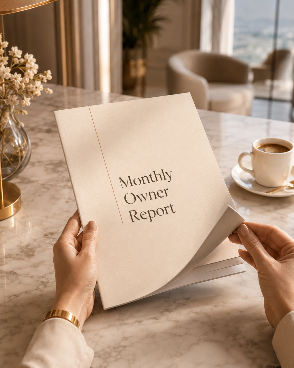 A printed monthly owner report held over a marble table beside espresso