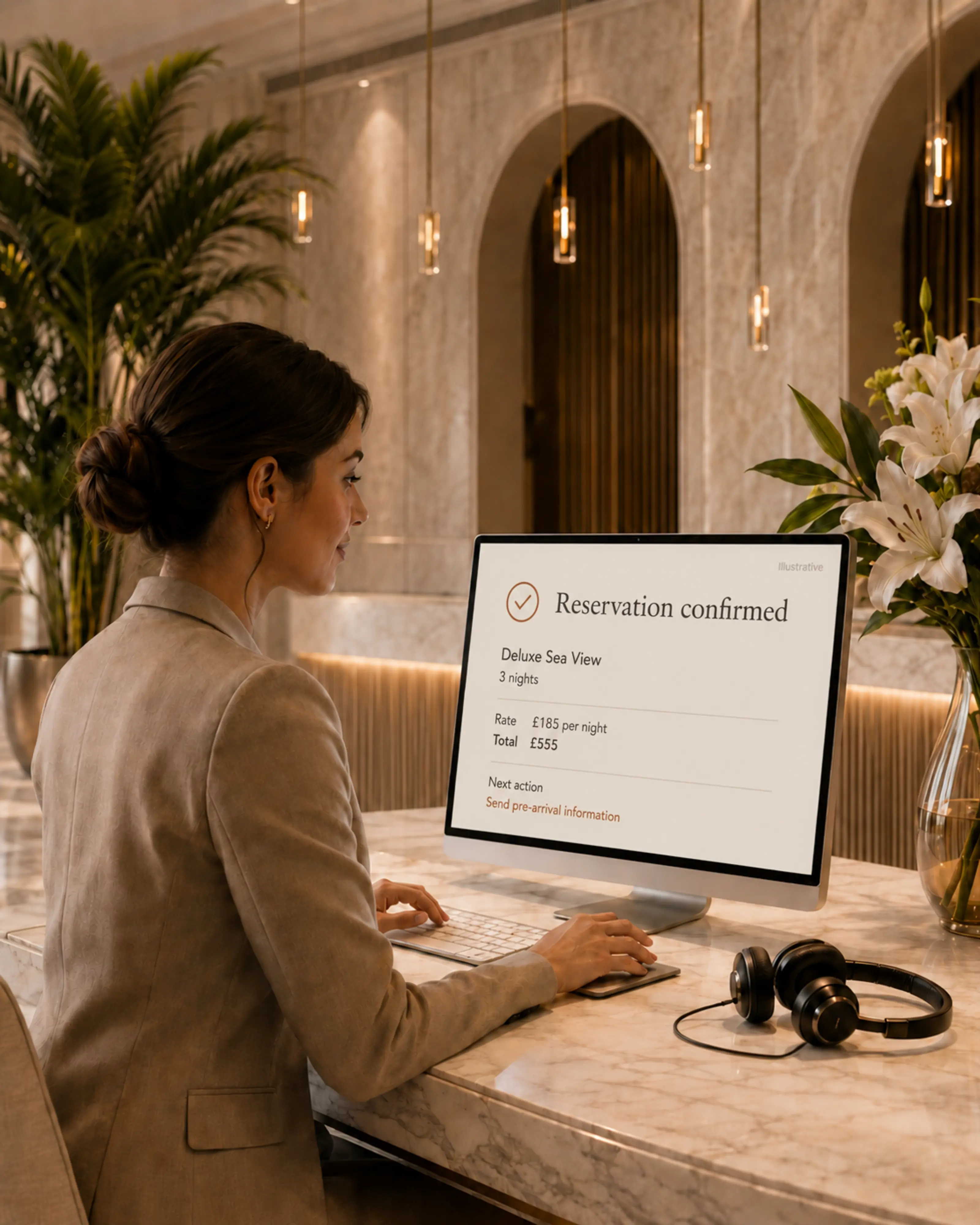 A reservationist confirming an illustrative hotel booking at a bright marble desk