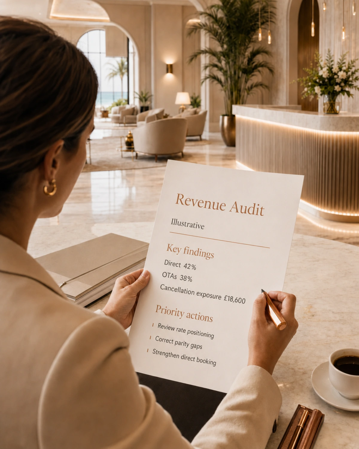 An advisor annotating a printed illustrative revenue audit — key findings and priority actions — in a bright hotel lobby