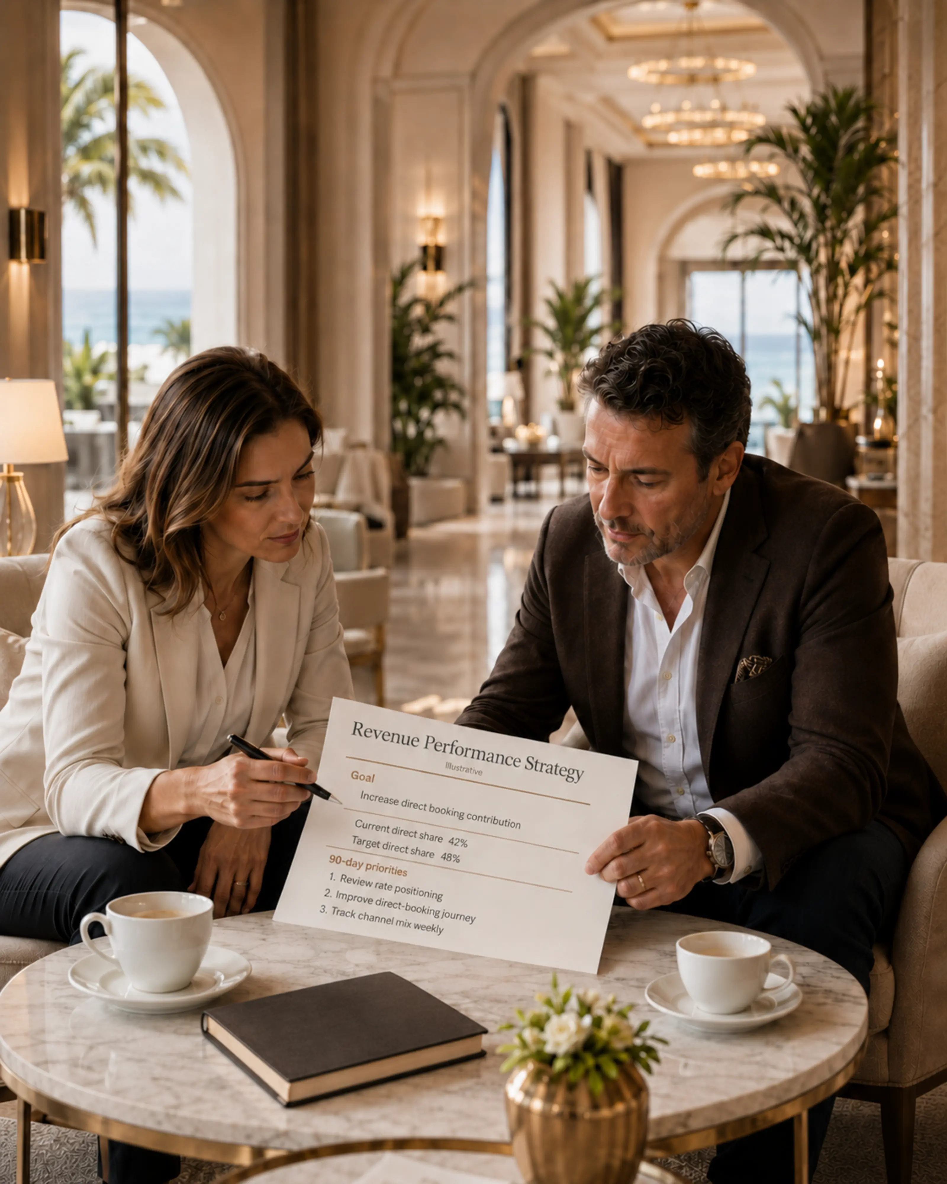 A hotel owner and RevROI strategist reviewing a revenue performance plan together