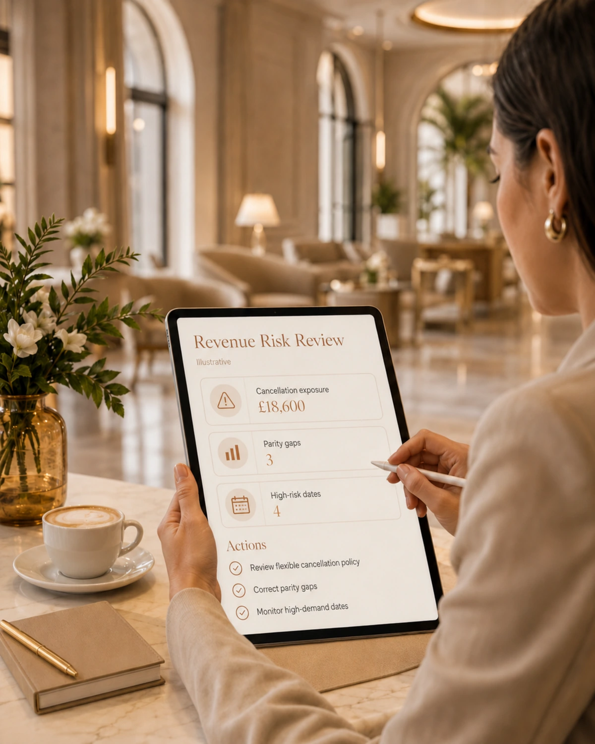 An illustrative revenue risk review on a tablet — cancellation exposure and parity gaps in GBP