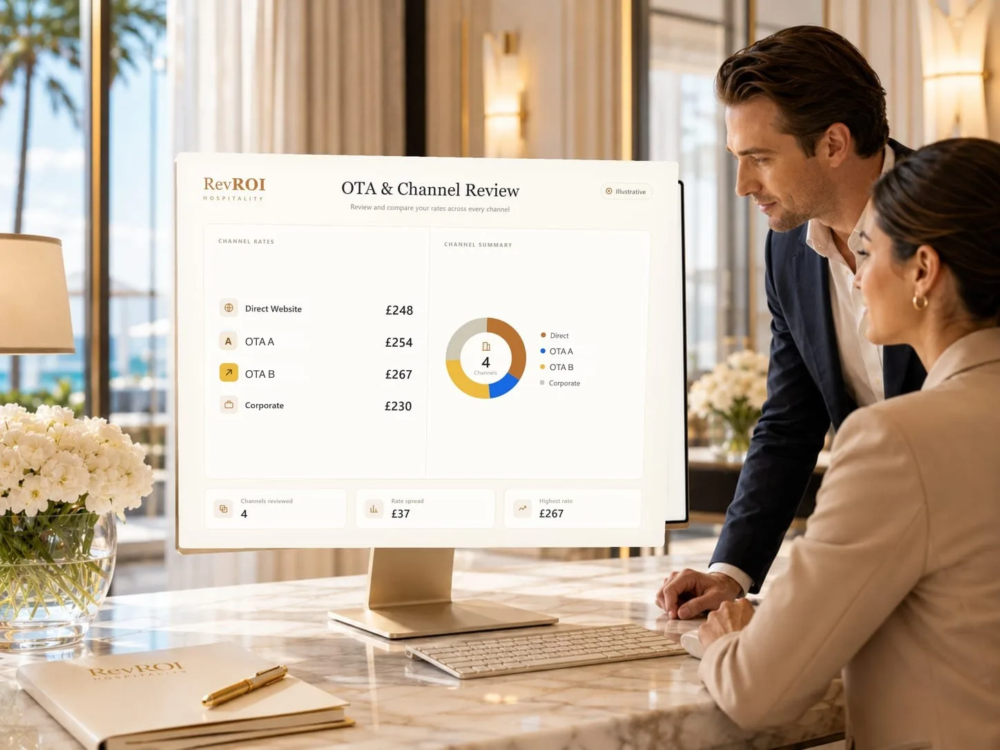 An illustrative RevROI OTA and channel review — rates compared across channels in GBP