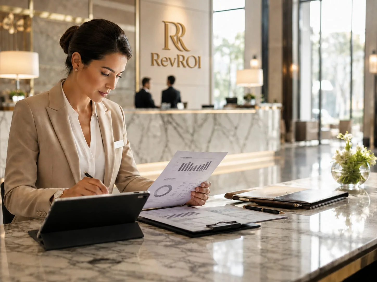 A RevROI revenue analyst reviewing a hotel performance report in a premium hotel lobby