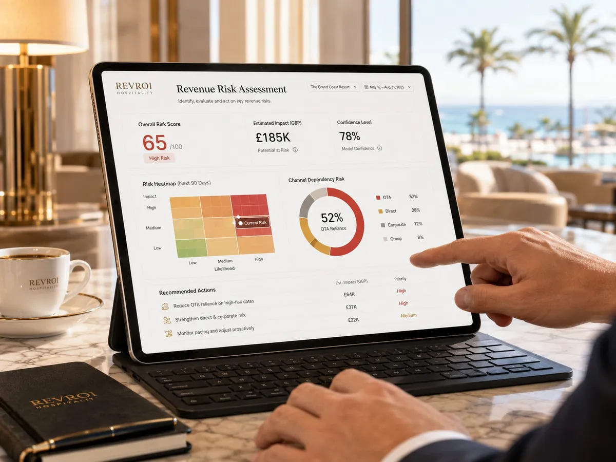 Illustrative revenue-risk dashboard showing hospitality performance signals