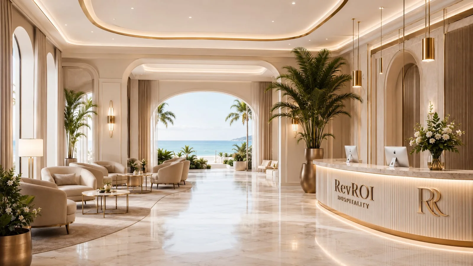 A premium hotel reception and lounge — where reservations meet the guest